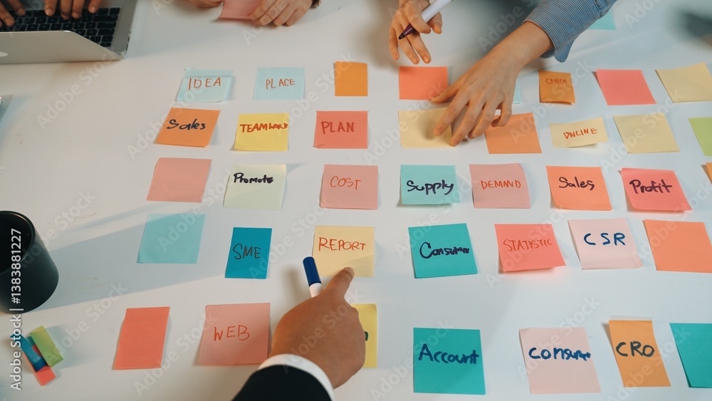 Poster a dynamic office scene showcasing a brainstorming session with colorful sticky notes on a table, mem