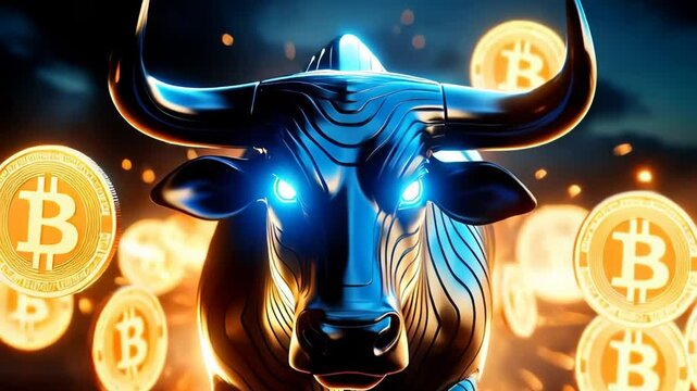A fierce bull charging through golden Bitcoin coins. Symbol of a bullish crypto market trend, strength, and financial momentum.