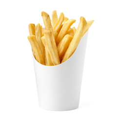 Tasty French fries in paper container isolated on white
