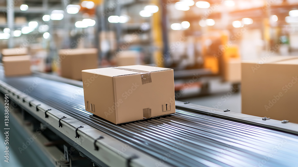 Poster Cardboard boxes on a conveyor belt in a warehouse, representing efficient micro-fulfillment operations