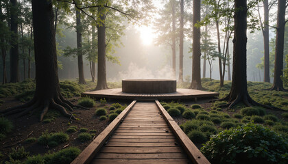 Tranquil forest pathway leading to a misty clearing  