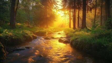 Fototapeta premium Sun-Kissed River in an Enchanted Woodland