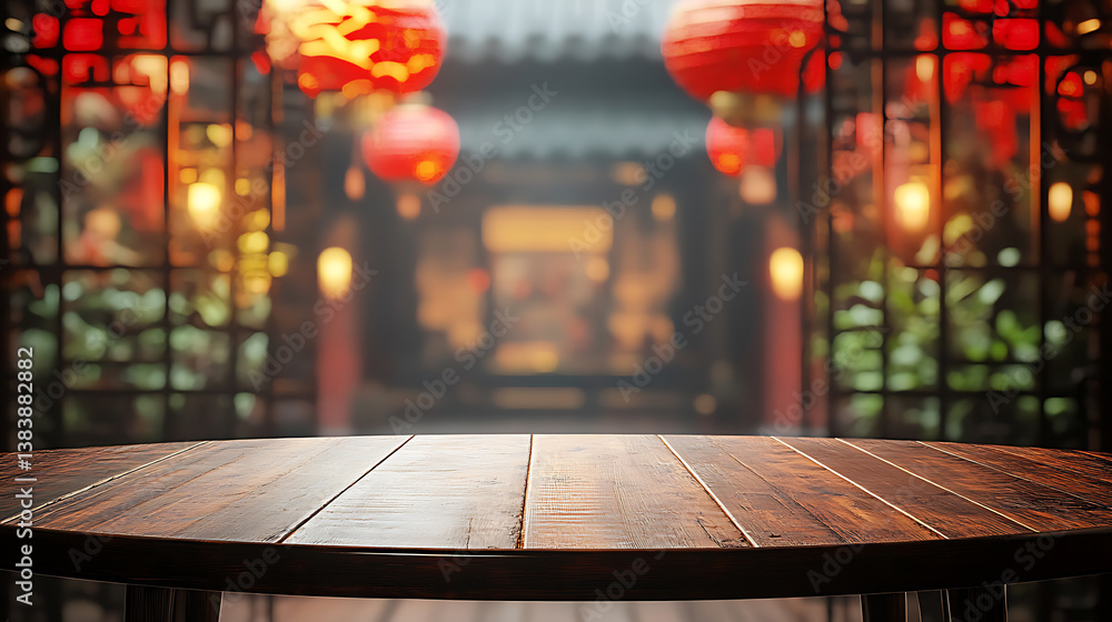 Poster chinese new year empty wooden table top for product display with oriental background