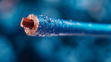 Obraz premium Close-up macro view of a single core, blue, stranded, insulated copper electrical conductor