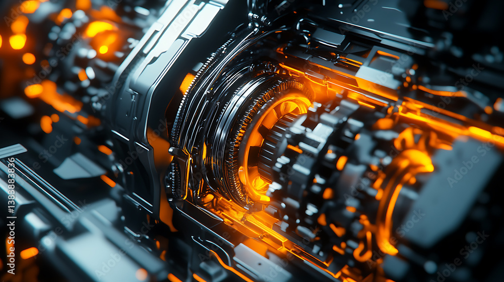 Poster Close-up of a sleek, modern automatic transmission with a complex array of gears, wires and hydraulic lines, illuminated by soft lighting
