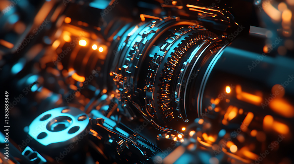 Poster Close-up of a sleek, modern automatic transmission with a complex array of gears, wires and hydraulic lines, illuminated by soft lighting