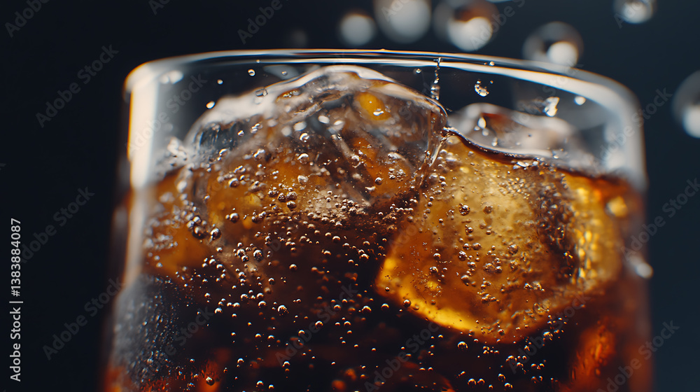 Poster close-up of ice cubes in cola water, texture of a carbonated drink with bubbles in the glass, cola s