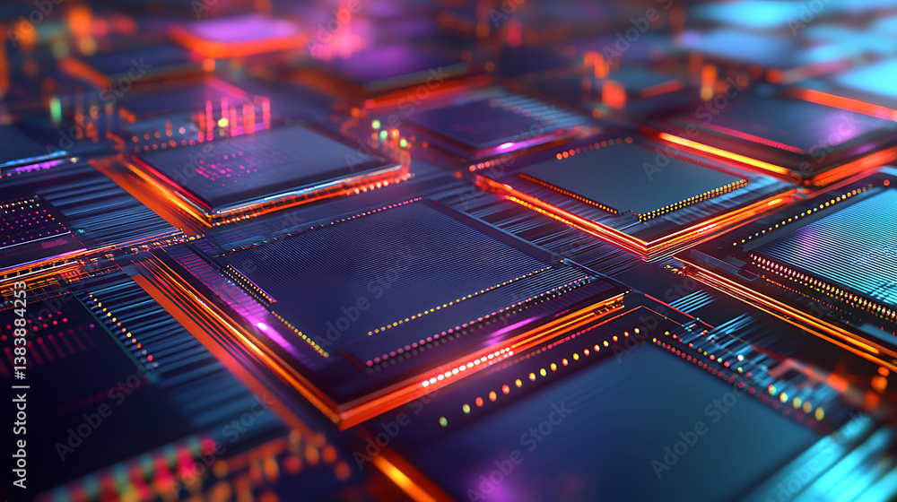 Aufkleber close-up of semiconductor manufacturing with precision machinery and microchips, symbolizing advance