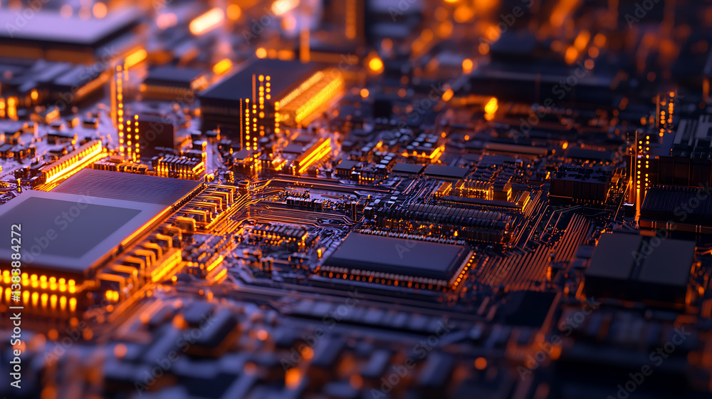 Poster close-up of semiconductor manufacturing with precision machinery and microchips, symbolizing advance