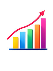 A vibrant, 3D bar graph displays increasing values, represented by colorful bars, with a rising red line indicating growth