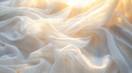 Obraz premium Close up of clean, white soft drapery sheer fabric curtain drapes in beautiful sunlight in luxury bedroom