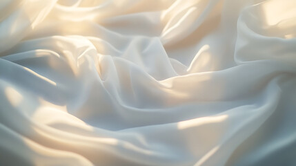 Fototapeta premium Close up of clean, white soft drapery sheer fabric curtain drapes in beautiful sunlight in luxury bedroom