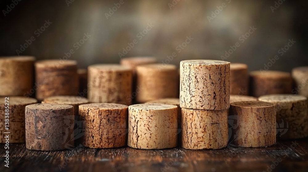 Poster various cork stoppers of different shapes and shades are neatly arranged on a rustic wooden surface.