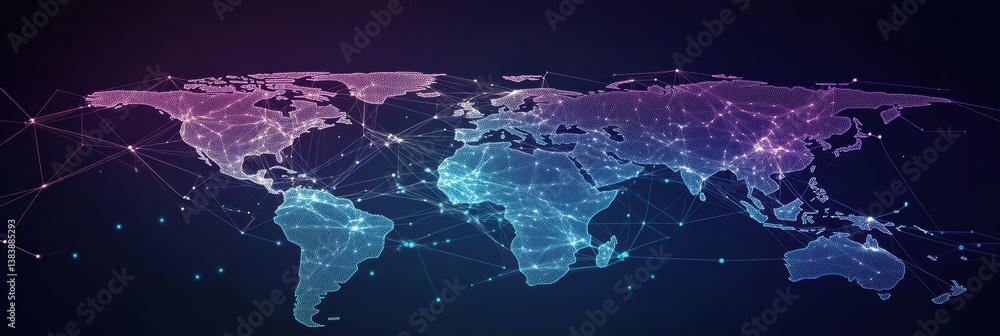 Poster global network connection with big data analytics visualized across the world map
