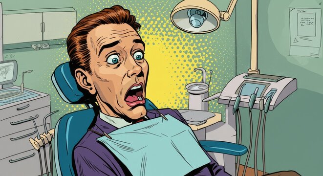 Pop Art Dental Anxiety - A vibrant pop art illustration symbolizes fear, dental phobia, anxiety, a trip to the dentist