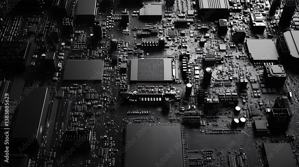 Poster closeup background of motherboard, circuit cpu microchip digital, illustration