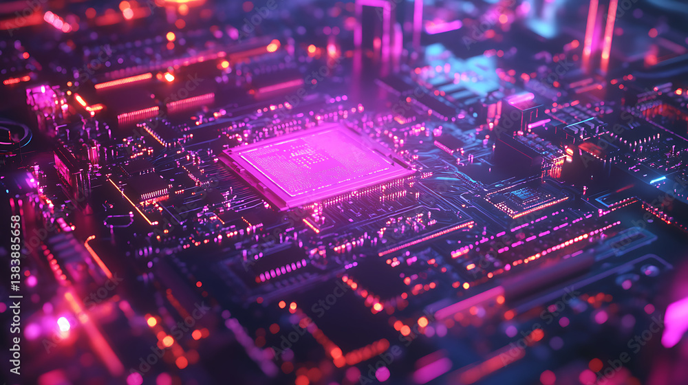 Poster Closeup hardware background of motherboard, circuit cpu microchip digital, concept of technology, illustration