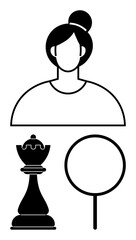 Monochrome design featuring a woman, chess king piece, and magnifying glass. Ideal for strategy, leadership, decision-making, focus, analysis empowerment problem-solving. Flat simple metaphor
