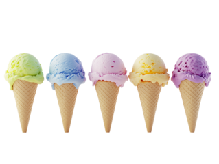 Delightful display of five colorful ice cream scoops in cones perfect for a warm summer day