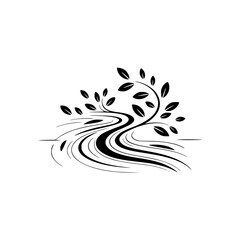 Minimalist River & Tree Logo Design, Black and White, Vector Illustration