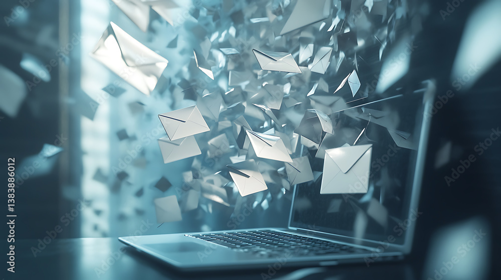 Poster Clutter and spam concepts with millions of emails flowing over laptop computer