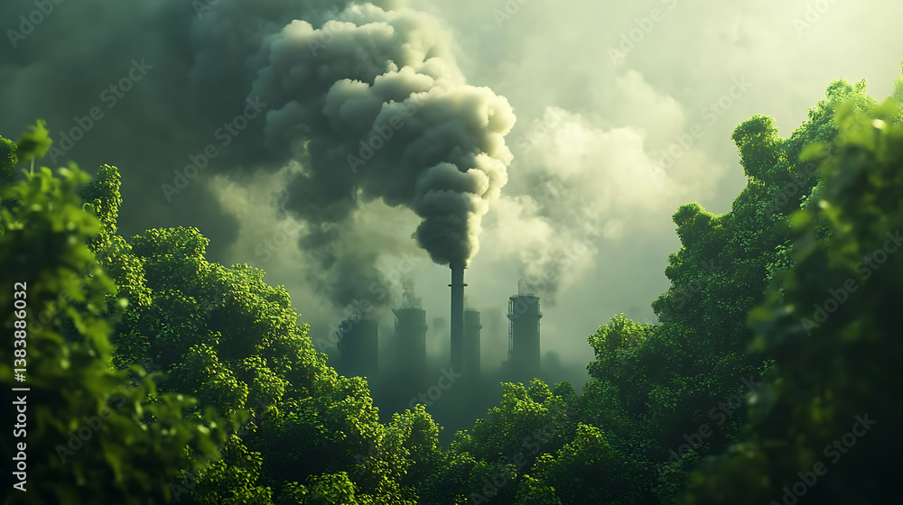 Poster co2 or carbon dioxide air pollution from factory chimney smokes as environmental problem with unheal
