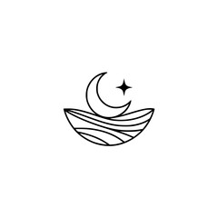 Minimalist Moon & Star over Waves Logo - Simple Nighttime Illustration