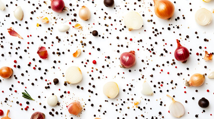 Collection of food backgrounds with onions, herbs, and peppercorns on white, overhead view