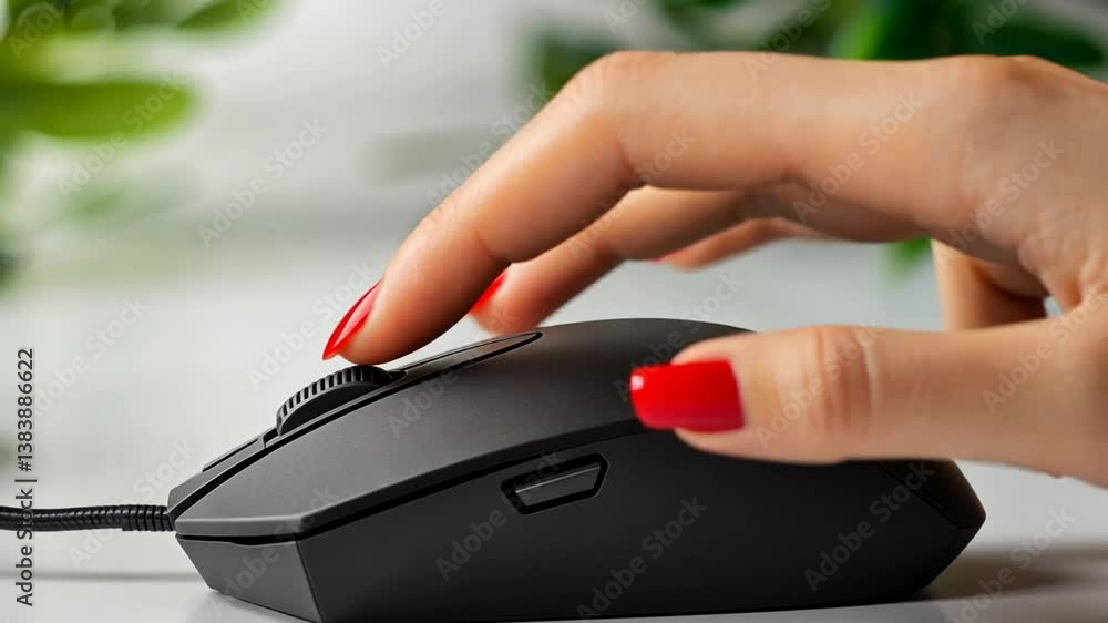 Poster female hand using computer mouse in a modern workspace generative ai