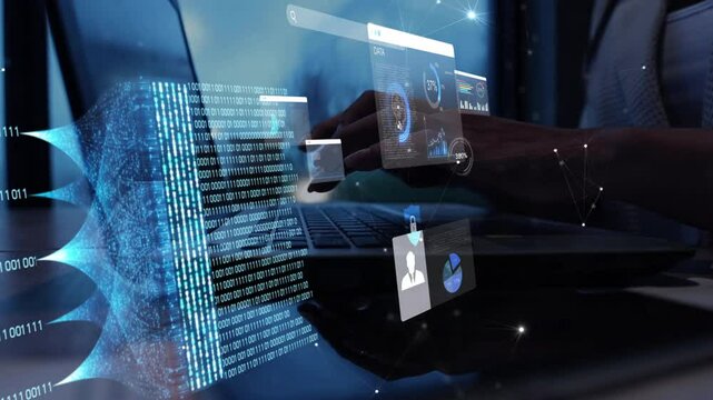 woman analyst uses a computer AI artificial intelligence and dashboard for data business analysis and Data Management System with KPI and metrics connected to the database for technology finance,

