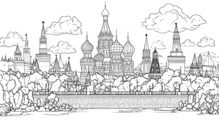 Coloring book illustration iconic russian landmarks and cultural symbolsblack and white outline