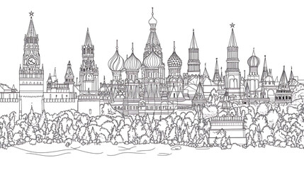 Naklejka premium Coloring book illustration iconic russian landmarks and cultural symbolsblack and white outline
