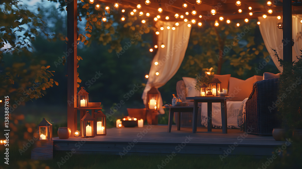 Poster comfortable set up with lanterns deck and table outdoors in evening in gazebo