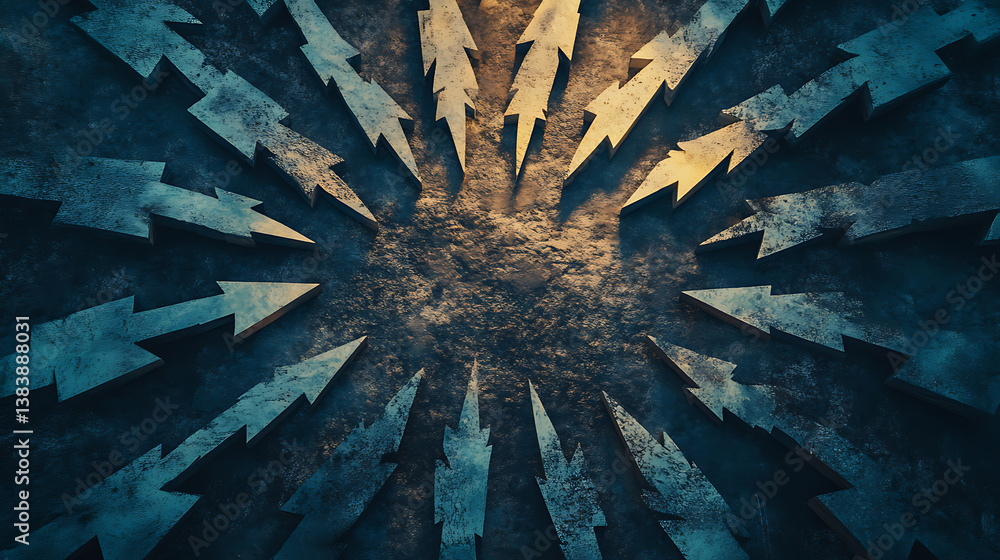 Fototapete Concept of conflict resolution, directional arrows pointing both inward towards a central point and outward in all directions, symbolizing different approaches to resolving disputes