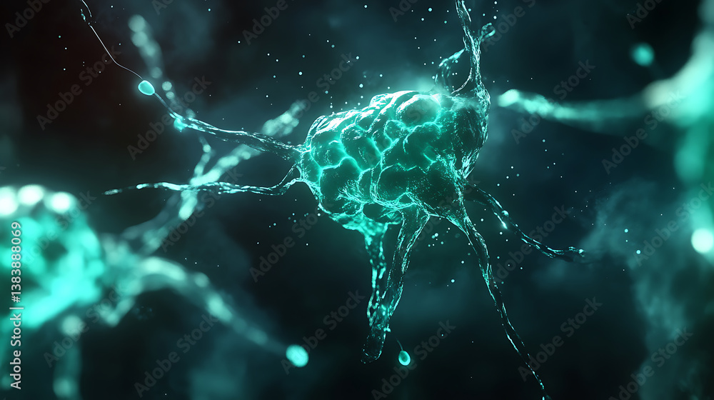 Poster conceptual illustration of neuron cells with glowing link knots, blue green neurons in brain on with