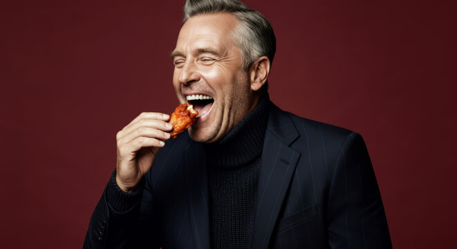 Mature caucasian man enjoying spicy chicken wing with laughter on red background - Powered by Adobe