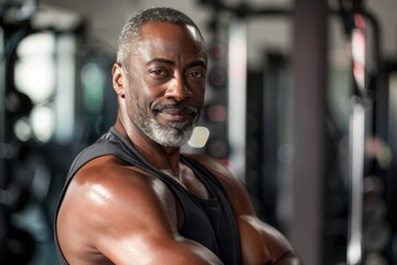 Fototapeta premium Portrait of a middle aged male African American fitness trainer in workout attire at the gym