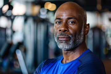Obraz premium Portrait of a middle aged male African American fitness trainer in workout attire at the gym