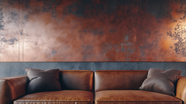 Concrete and with copper decorated wall and brown leather sofa, interior design of modern living room