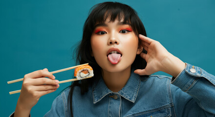 Fototapeta premium Young asian female playfully holding sushi with chopsticks against blue background