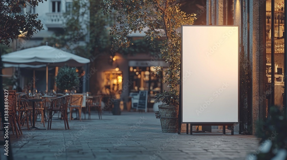 Poster soft golden light bathes an inviting cobblestone pathway lined with empty chairs and tables. a blank