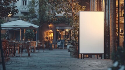 Soft golden light bathes an inviting cobblestone pathway lined with empty chairs and tables. A blank sign stands ready to share upcoming events in this peaceful evening setting