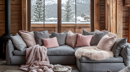 Cozy corner sofa with many grey and pink pillows and fur blankets, warm and inviting winter atmosphere, nordic, scandinavian home interior design of modern living room in chalet in mountains