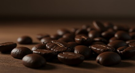 Roasted Coffee Beans on Wood - Close-up of dark roasted coffee beans scattered on a brown wooden surface. Rich, warm tones and textures