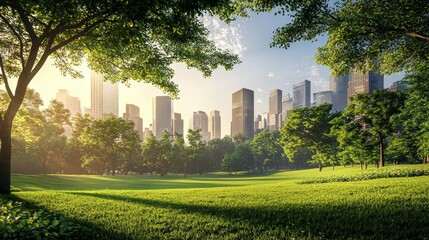 Urban Oasis: City Skyline Framed by Lush Greenery