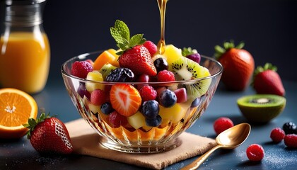 A vibrant mix of seasonal fruits in a crystal bowl, drizzled with sweet honey.