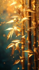 Golden Bamboo Stalks with Shimmering Leaves Against Soft Blue Background

