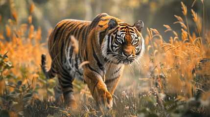 Naklejka premium Side view of tiger walking on field image