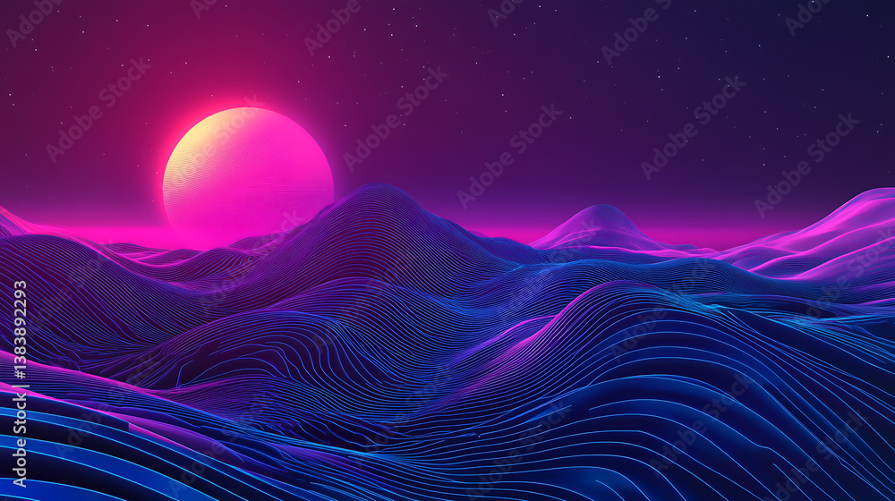 Poster 2d flat ui design, neon blue and purple gradient color circuits lines, minimalist and clean