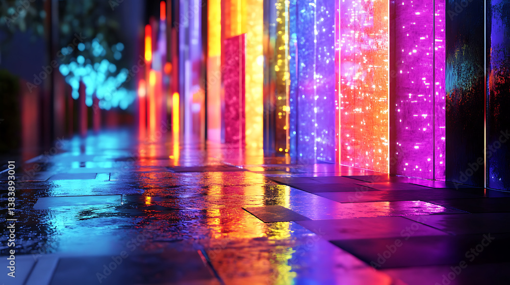 Poster 3d rendering of a neon metropolis with reflection of light from puddles on the street, smart city, m